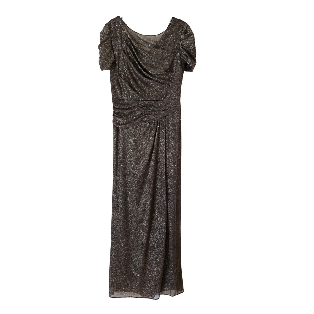 Alex Evenings Metallic Bronze Glitter Ruched Gown Formal Evening Dress Size 10